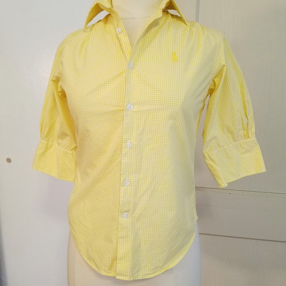 Yellow & White Gingham Print Half Sleeve Button Up